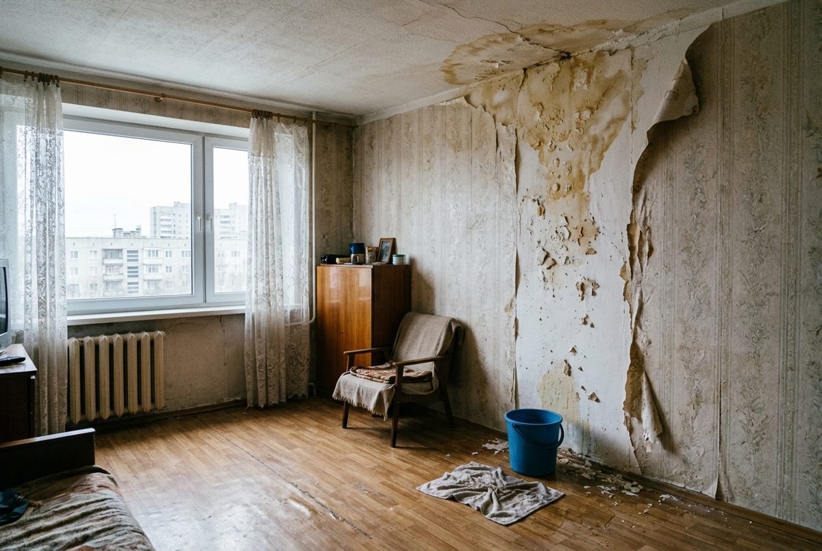 Пляма від протікання даху на стелі квартири верхнього поверху в багатоповерхівці, відро на підлозі