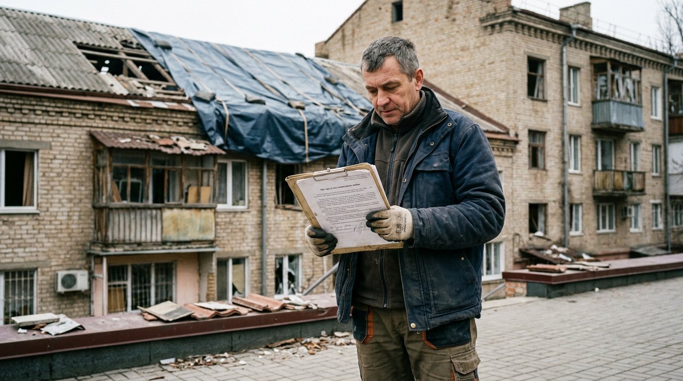 Майстер DAHSERVICE з актом обстеження пошкодженого обстрілом даху для подачі документів на компенсацію єВідновлення, Харків