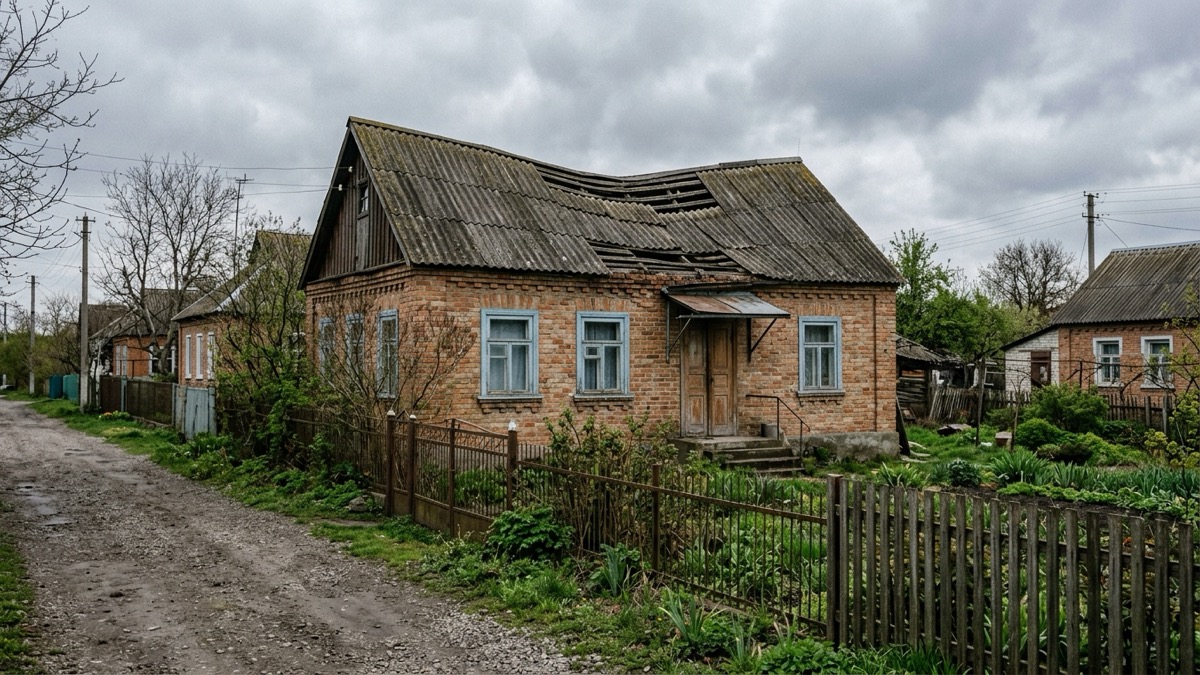 Приватний будинок з помітним провисанням лінії гребеня даху