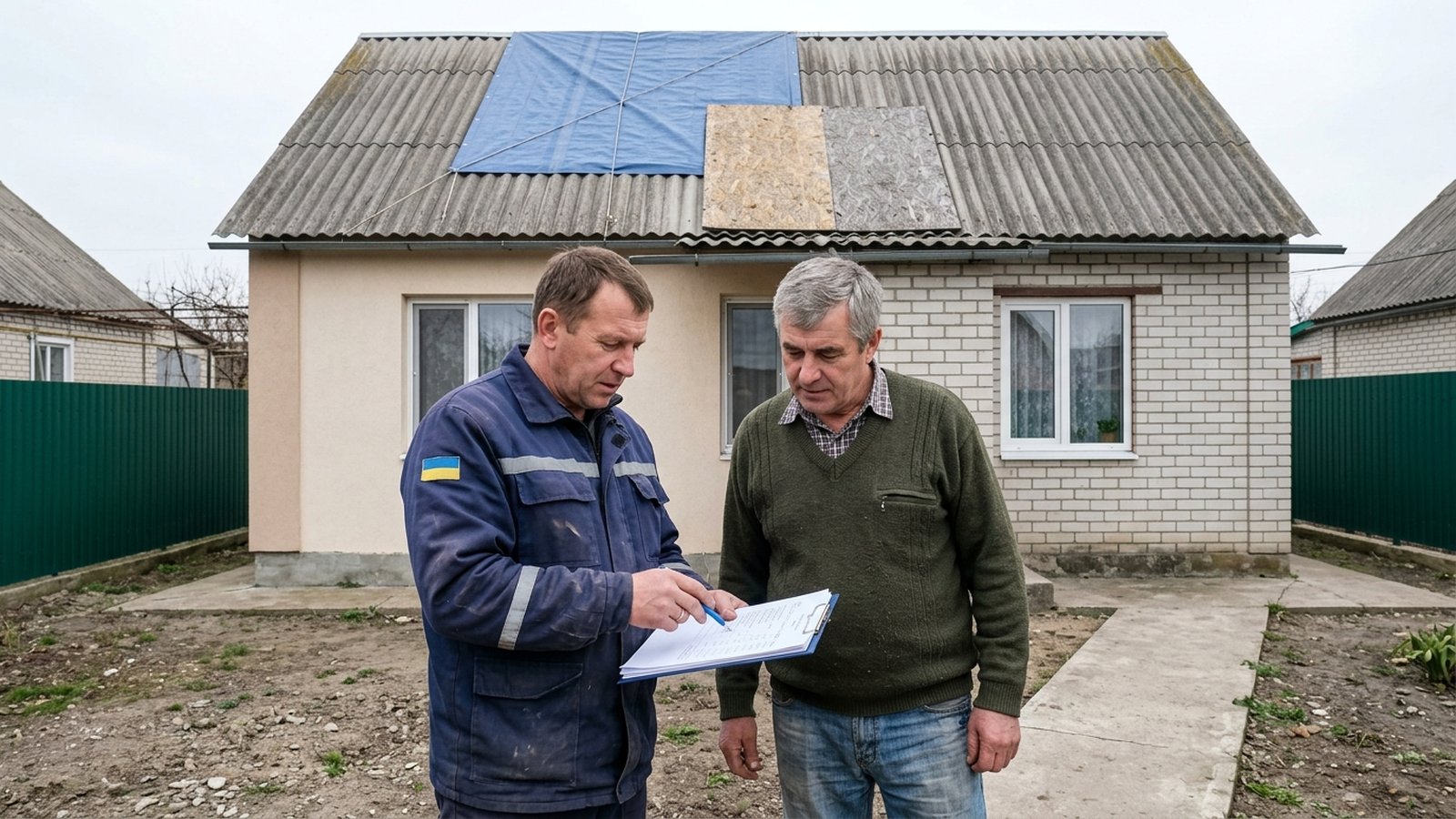 Розрахунок кошторису на ремонт даху для компенсації єВідновлення, майстер DAHSERVICE з документами на тлі покрівлі